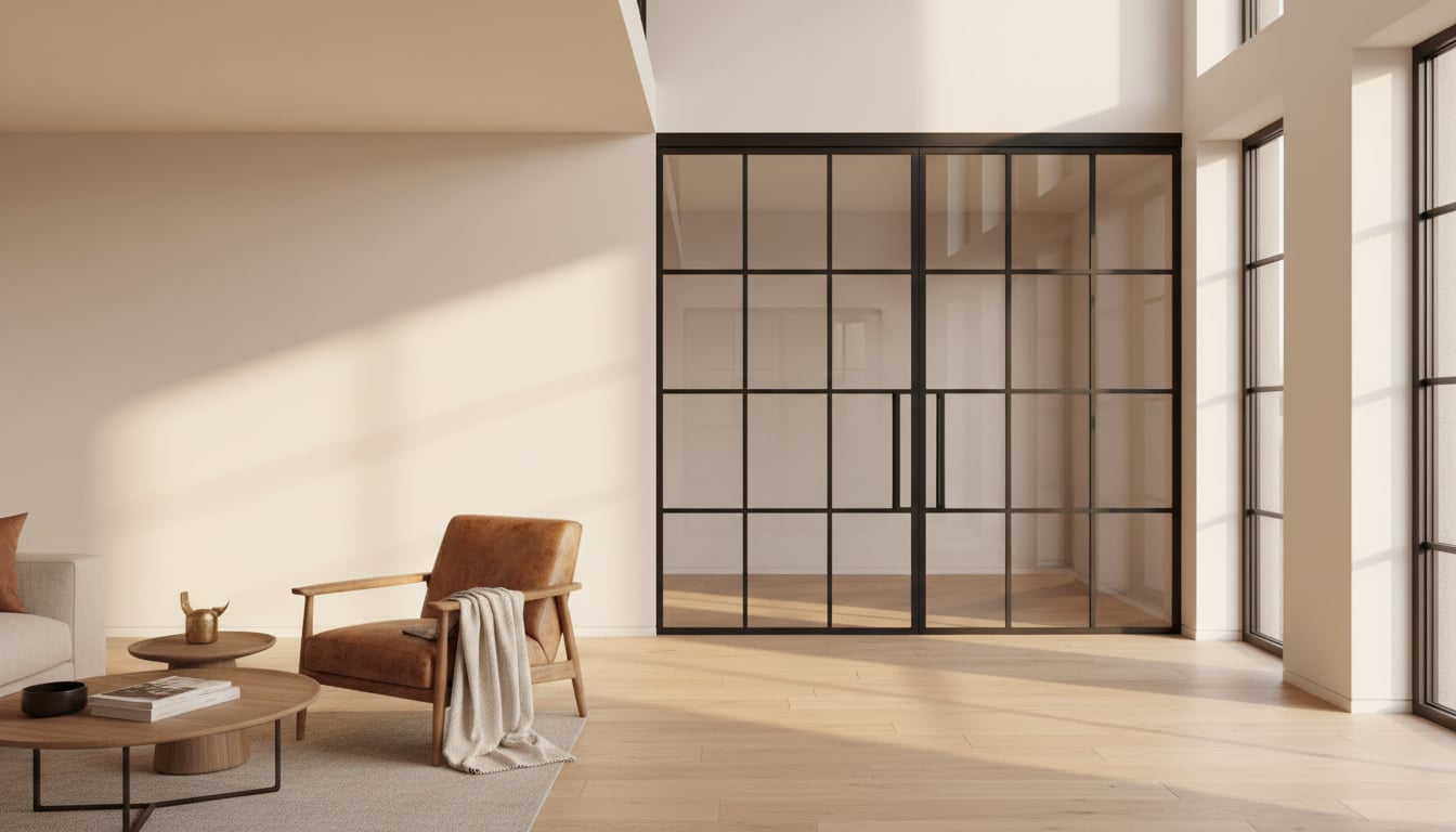 Elegante Stahl-Lofttuer in modernem Wohnraum mit warmem Licht