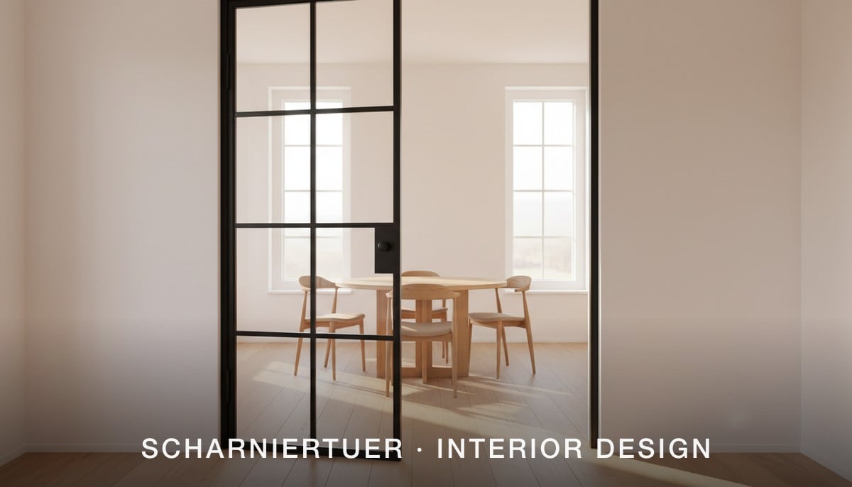 Loft-Scharniertuer aus Stahl und Glas im modernen Interior Design mit Esszimmer