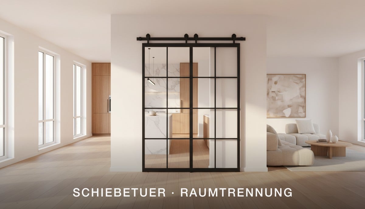 Loft-Schiebetuer aus Stahl und Glas als elegante Raumtrennung zwischen Kueche und Wohnzimmer