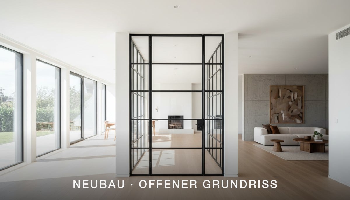 Raumhohe Stahl-Lofttuer im Neubau mit offenem Grundriss und Sichtbeton