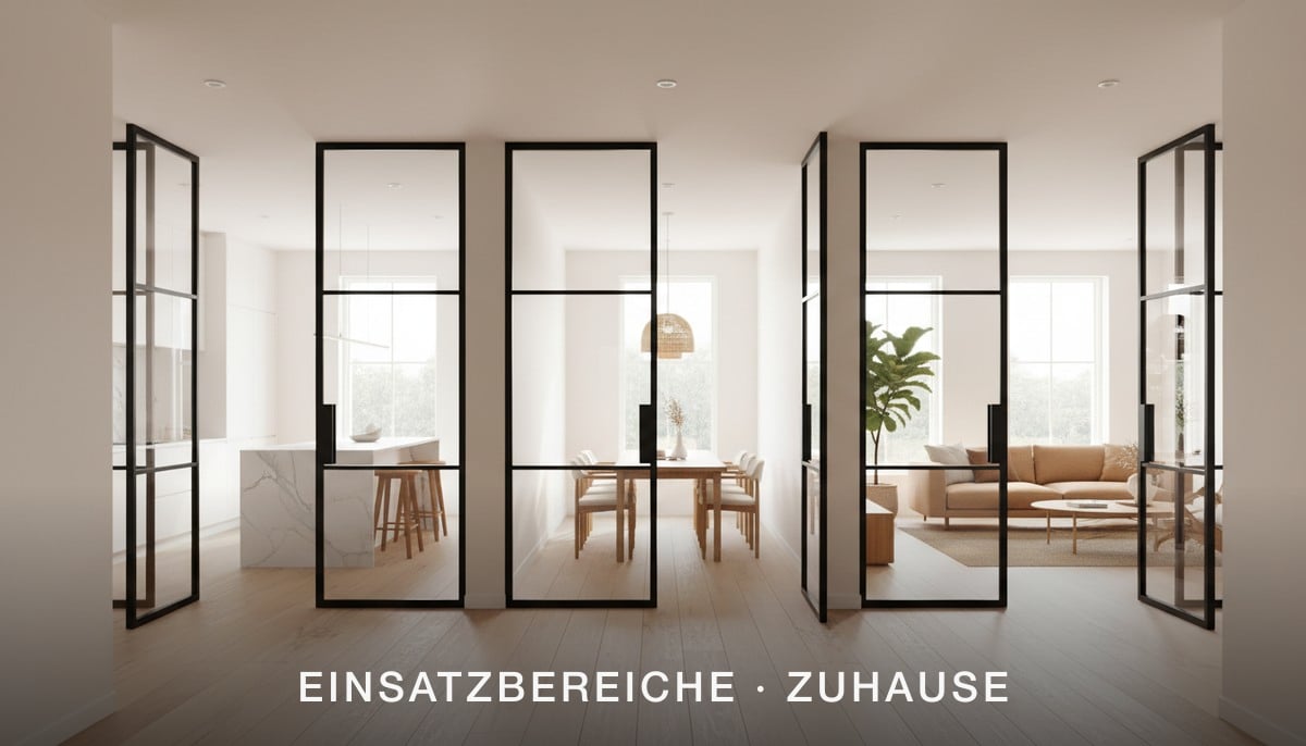 Mehrere Lofttueren aus Stahl und Glas verbinden Kueche, Esszimmer und Wohnzimmer