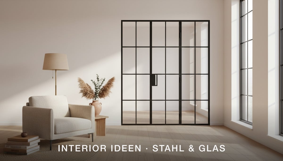 Interior Moodboard mit Stahl-Lofttuer, Sessel und natuerlichen Materialien