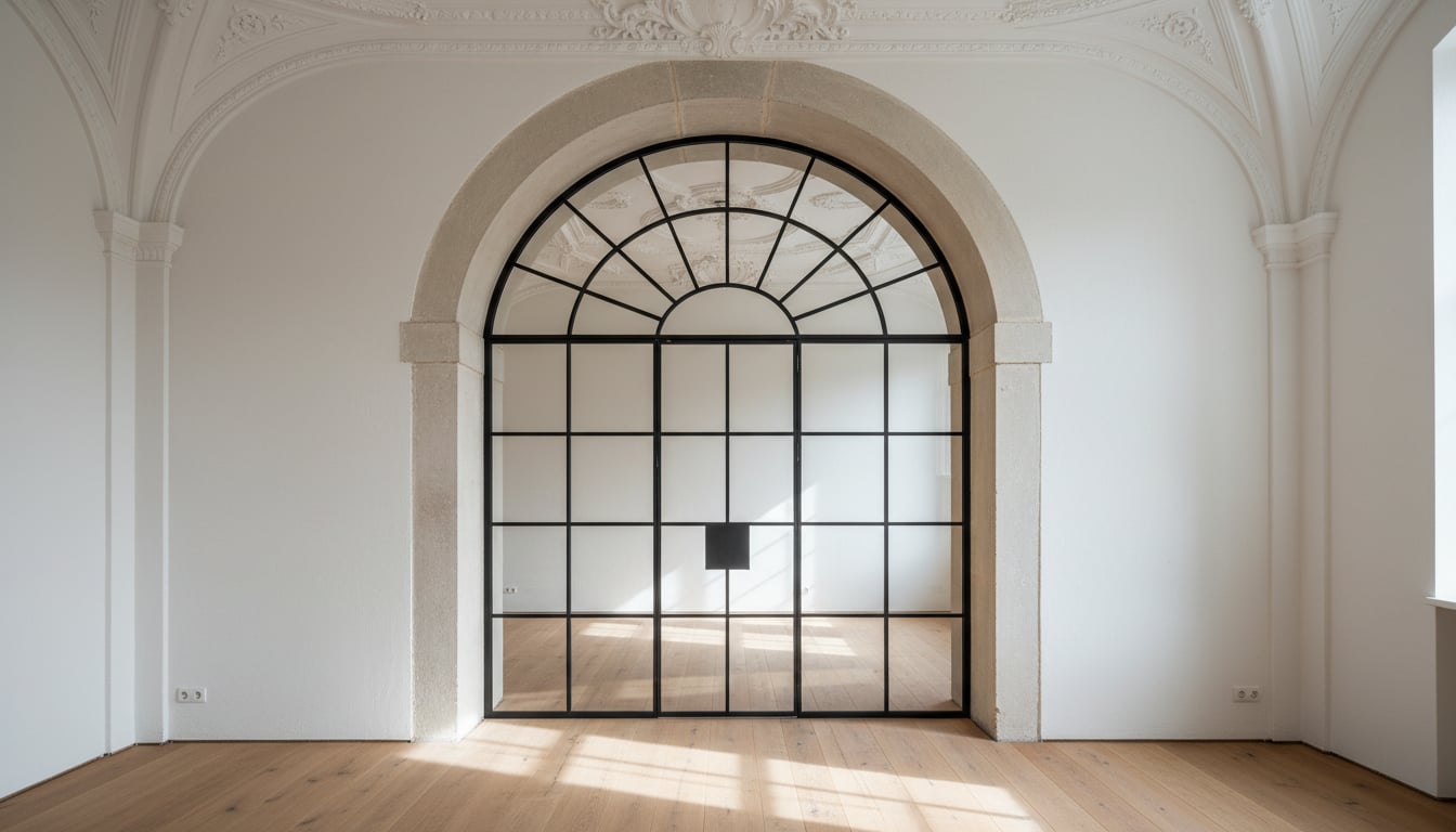 Lofttuer mit Rundbogen aus Stahl und Glas im Altbau