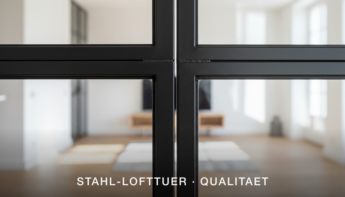 Detailaufnahme eines schwarzen Stahlprofils einer Lofttuer mit sichtbarer Schweissnaht