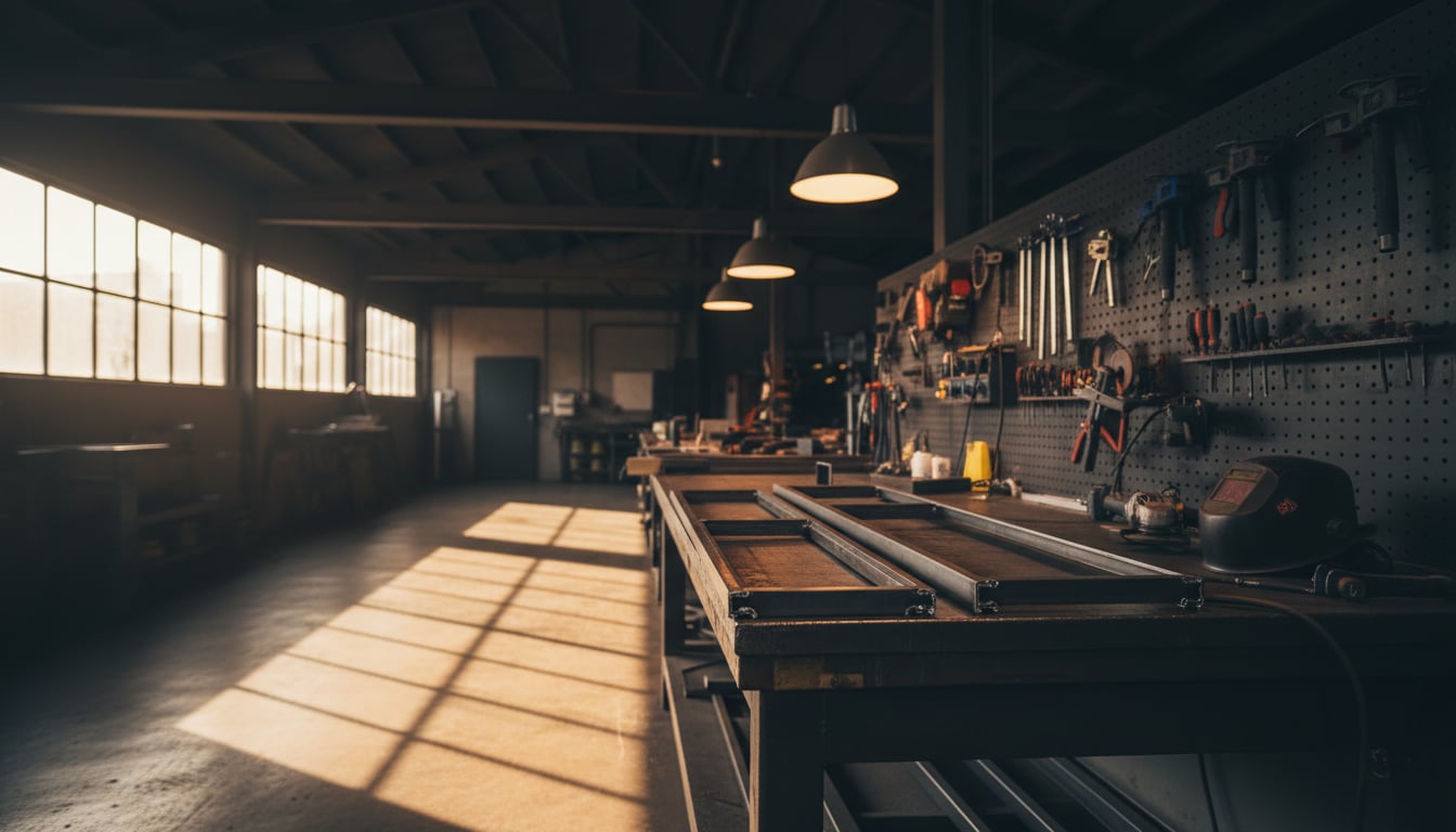 Stahl-Türprofile in Fertigung auf einer Werkbank in der Metallbau-Werkstatt