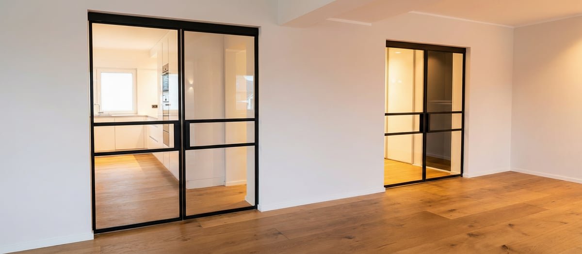 Zwei Stahl-Loft-Schiebetüren mit Klarglas und schwarzen Profilen in hellem Wohnraum mit Eichenparkett