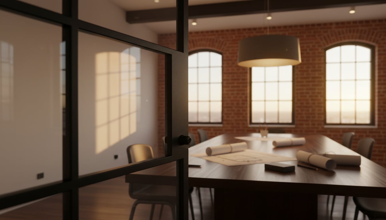 Blick durch eine Stahl-Glas-Lofttür in einen Beratungsraum mit Bauplaenen auf dem Tisch