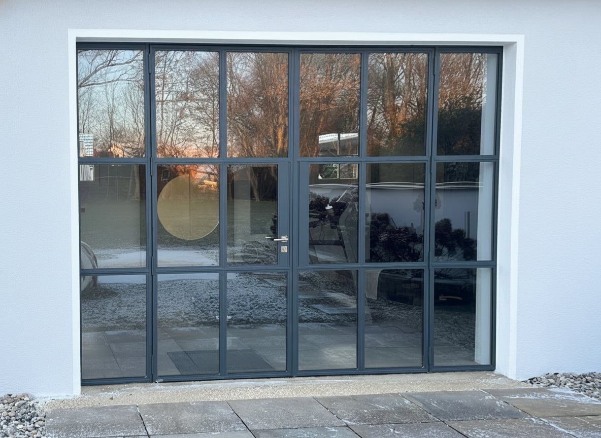 Zweiflügelige Stahl-Außentür verzinkt mit Isolierverglasung und zwei Seitenteilen in Öhringen-Cappel