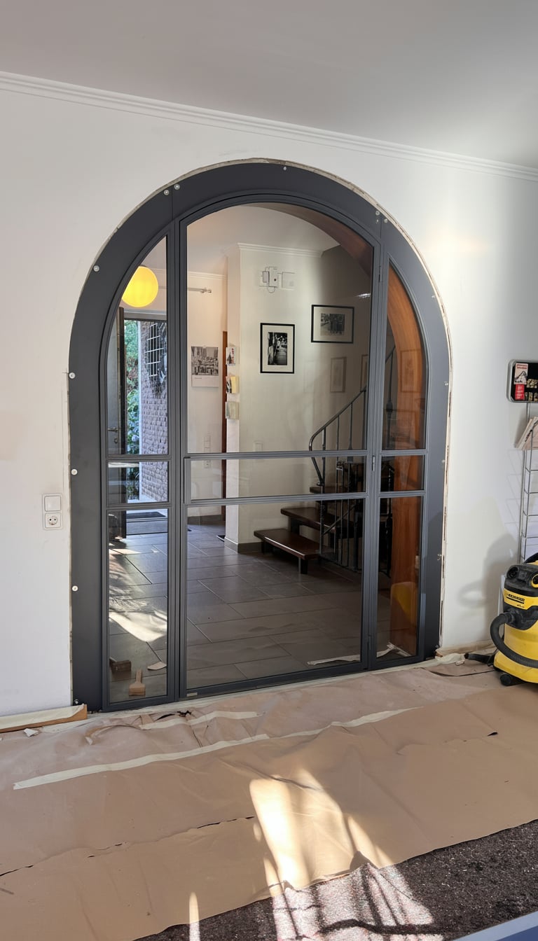 Frontalansicht der Rundbogen-Drehtür mit Sprossenteilung