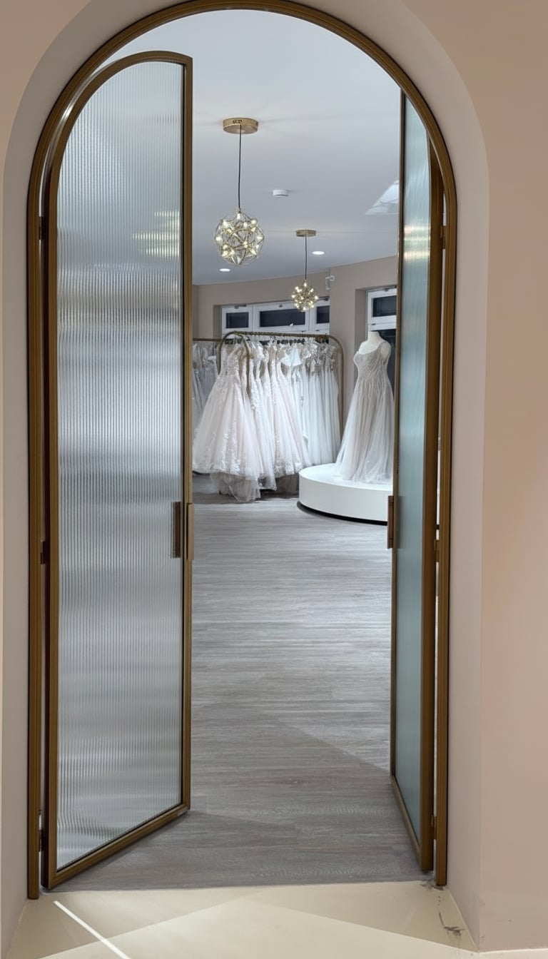 Geöffnete goldene Rundbogen-Drehtür mit Riffelglas und Blick auf Brautkleider im Verkaufsraum