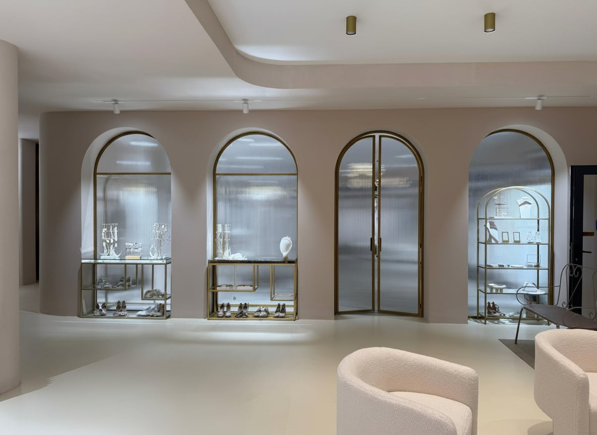 Goldene Rundbogen-Türen und Fenster mit Riffelglas im Brautmodengeschäft