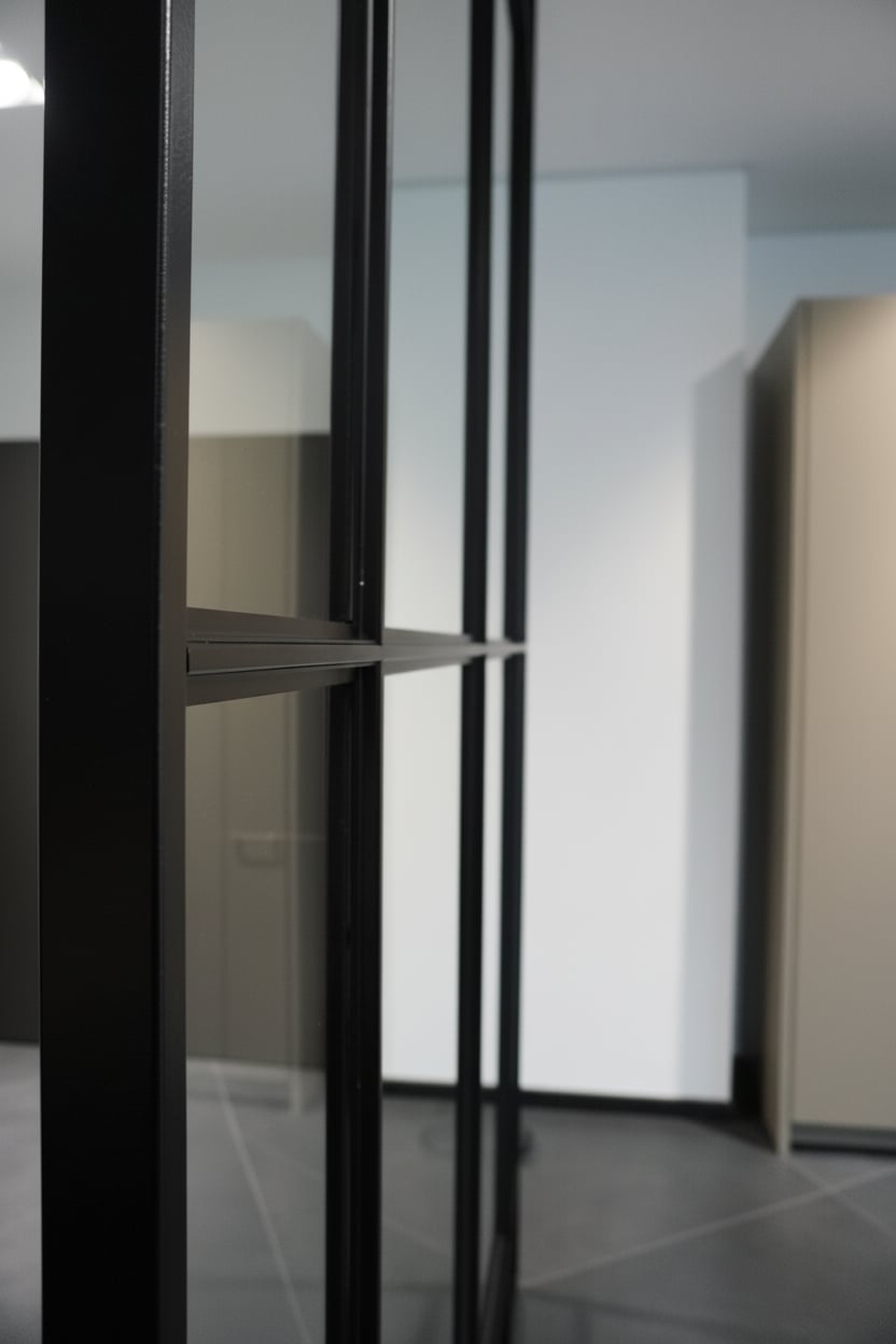 Detailaufnahme der Sprossenverbindung an der Stahl-Glas-Festverglasung