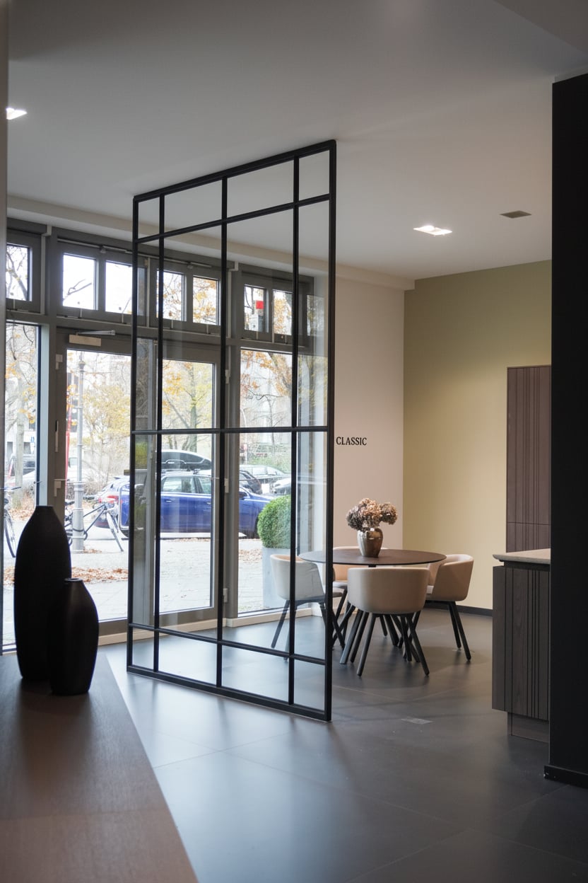 Festverglasung als Raumtrennung im Küchenbereich mit Sichtbeton