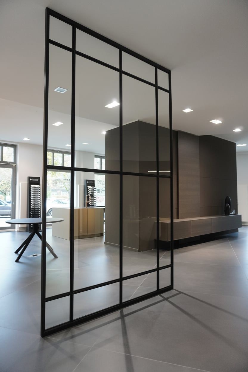 Raumhohe Stahl-Glas-Trennwand im Küchenstudio City Küchen Berlin