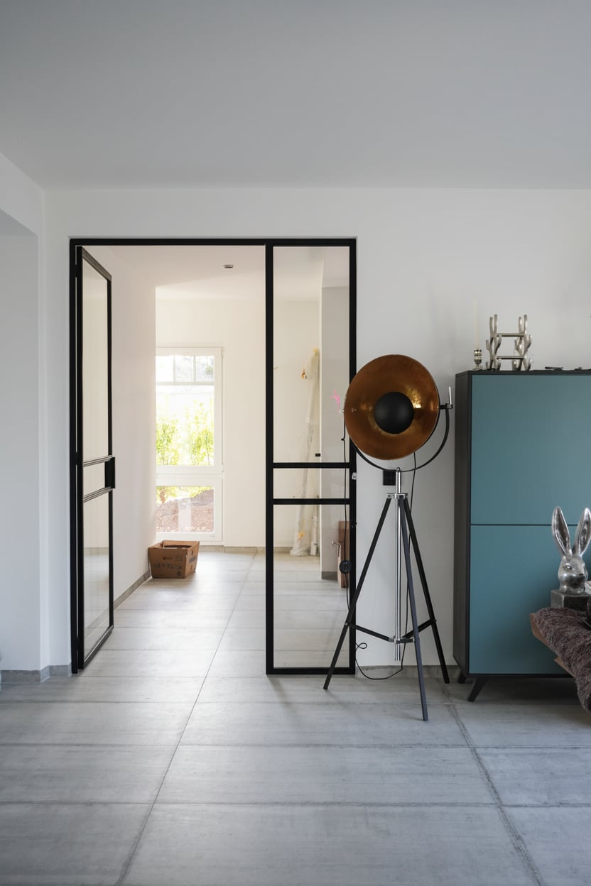 Weitwinkelansicht der Stahl-Glas-Drehtür im Loft-Ambiente