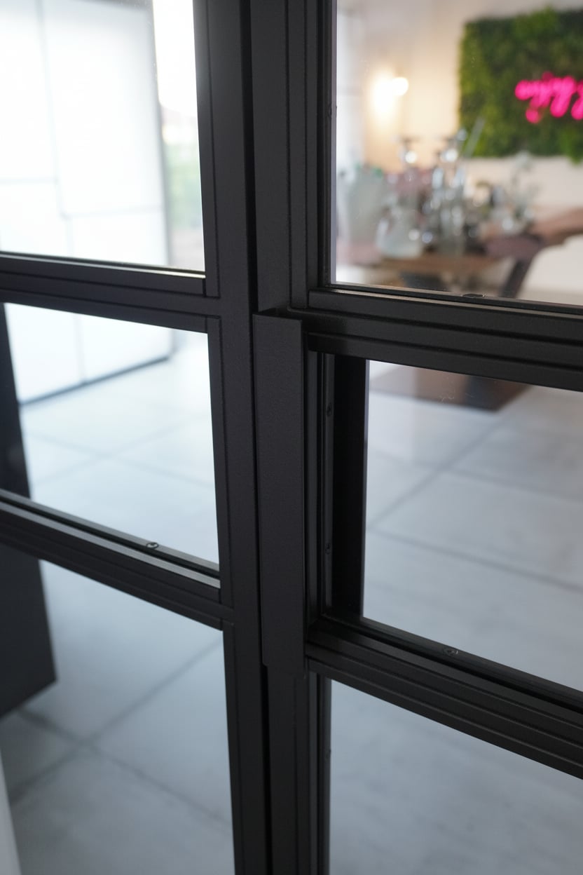 Stahl-Glas-Trennwand mit Industrielampe im Vordergrund