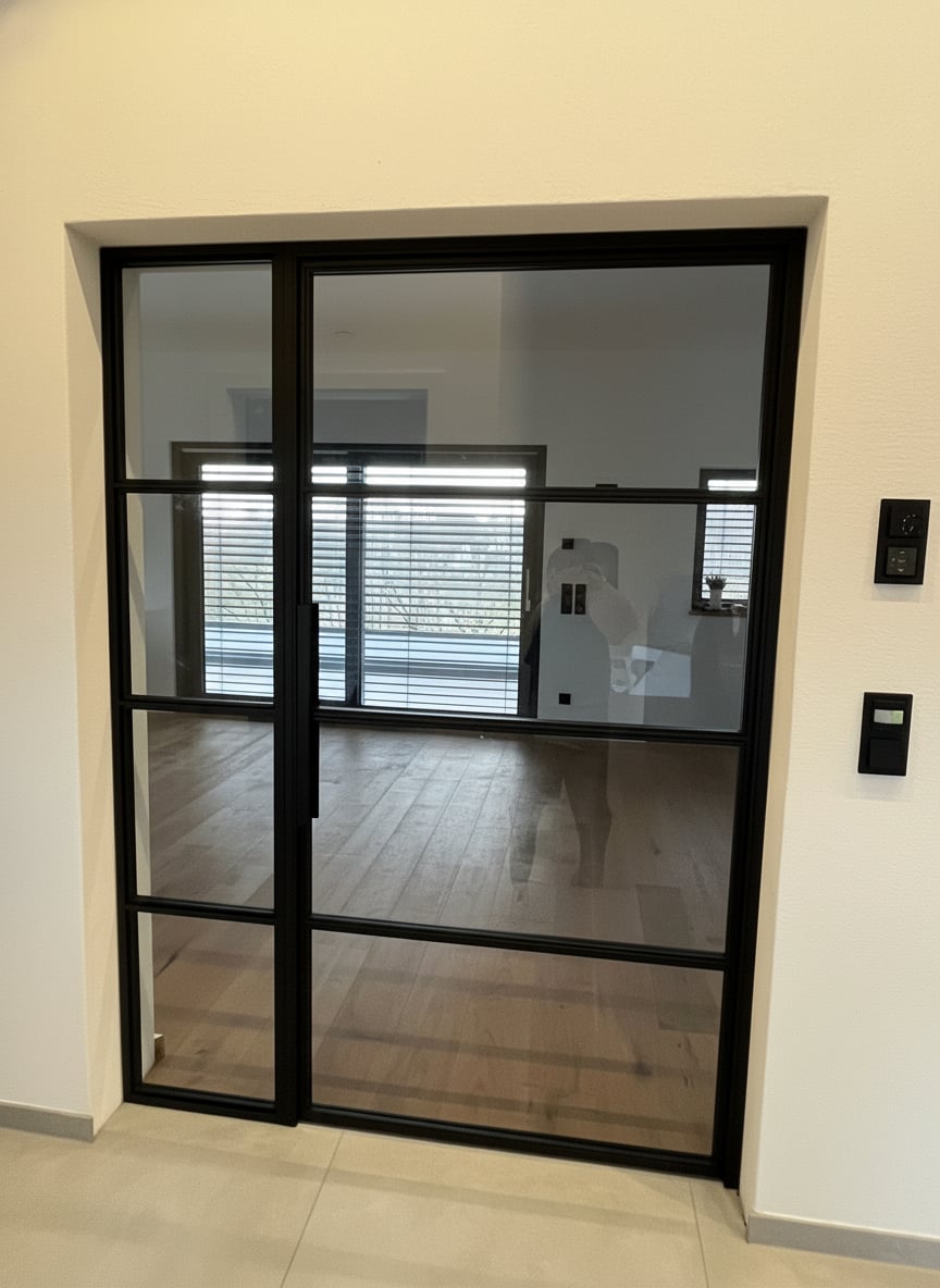 Stahl-Glas-Drehtür mit Seitenteil und Festverglasung als Raumtrennung