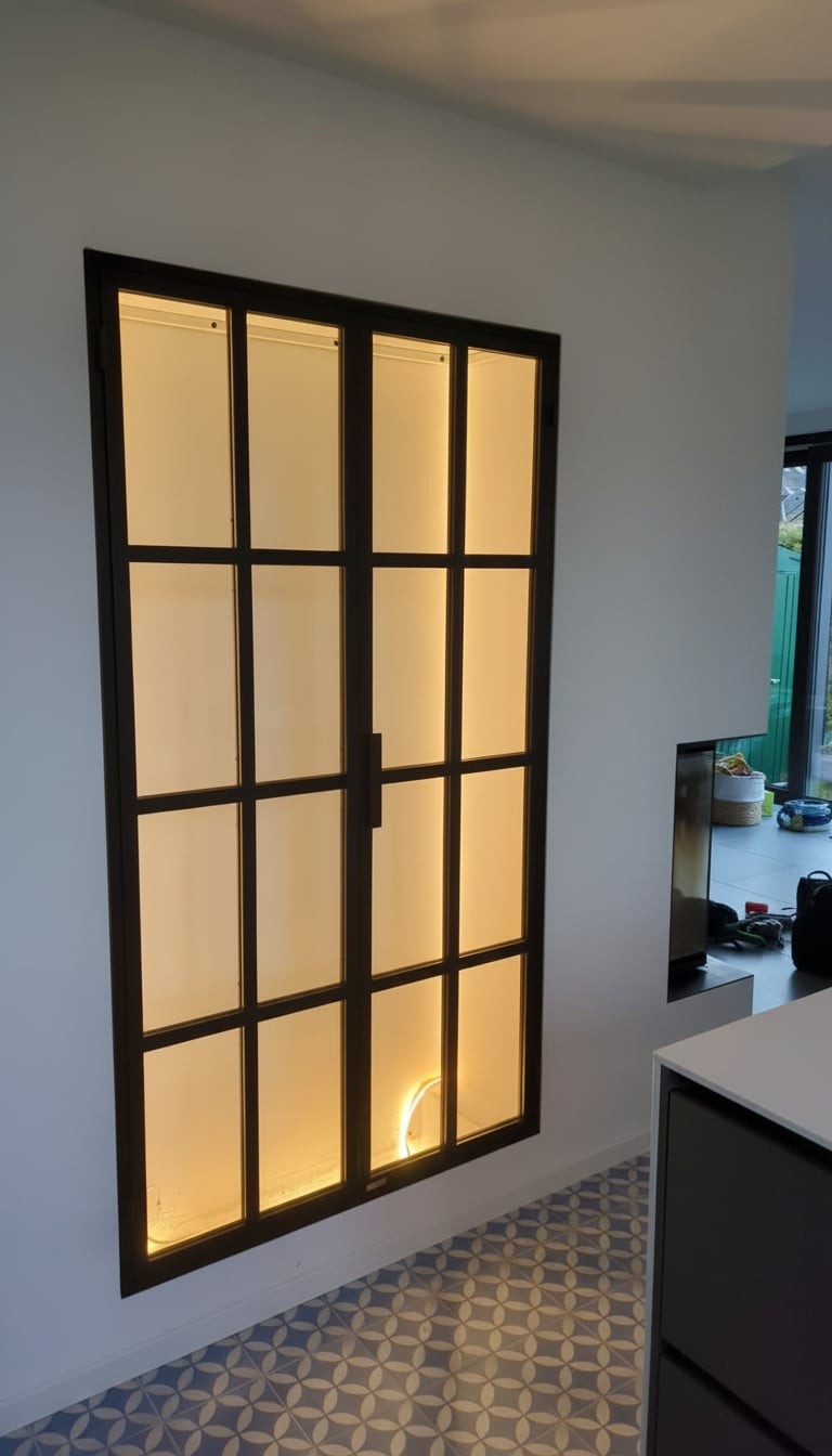 Zweiflügelige Stahl-Glas-Drehtür in Schwarz mit Klarglas und Sprossenraster als beleuchtete Schranknische in München