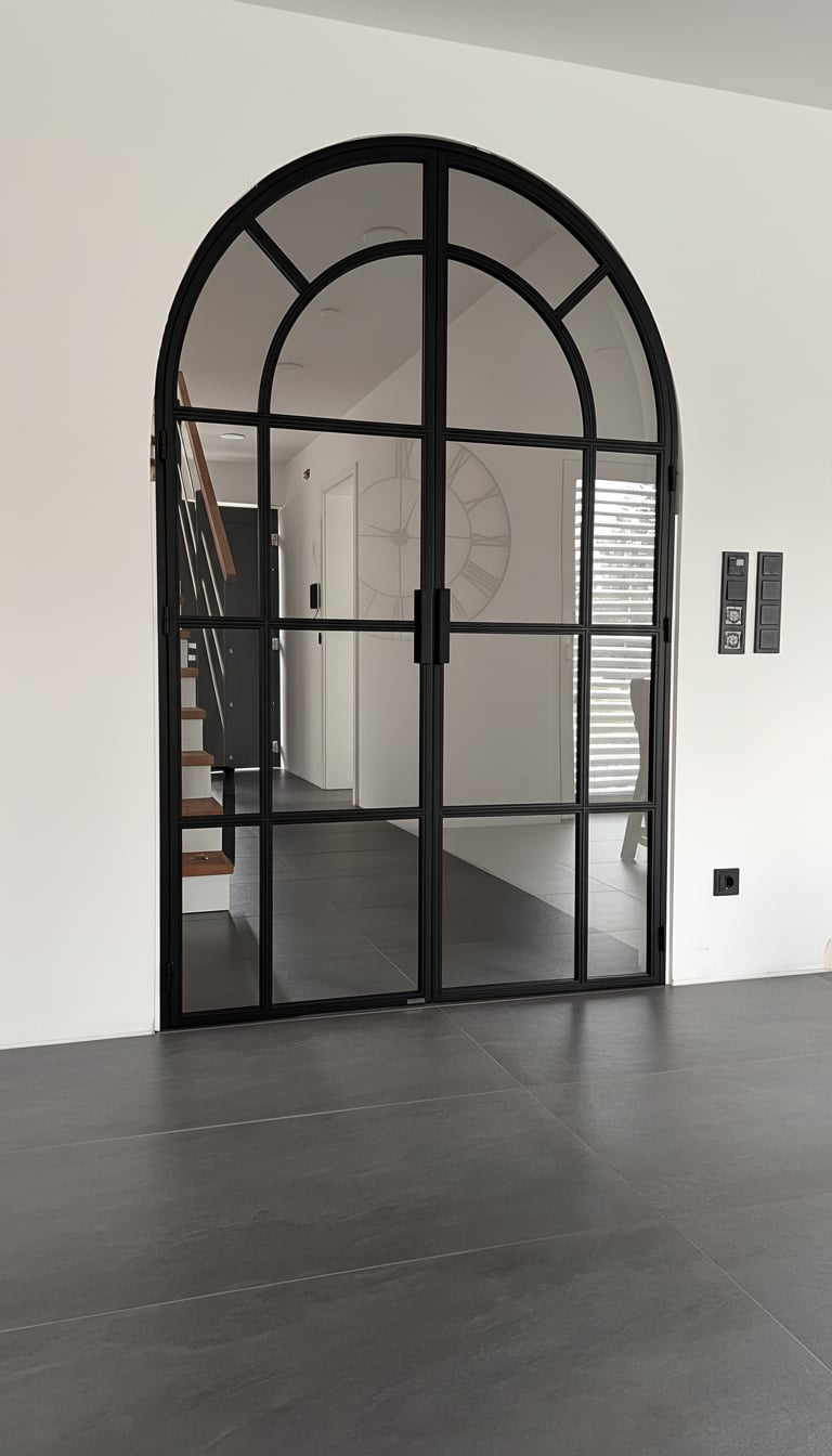 Zweiflügelige Rundbogen-Drehtür aus Stahl und Glas im geschlossenen Zustand