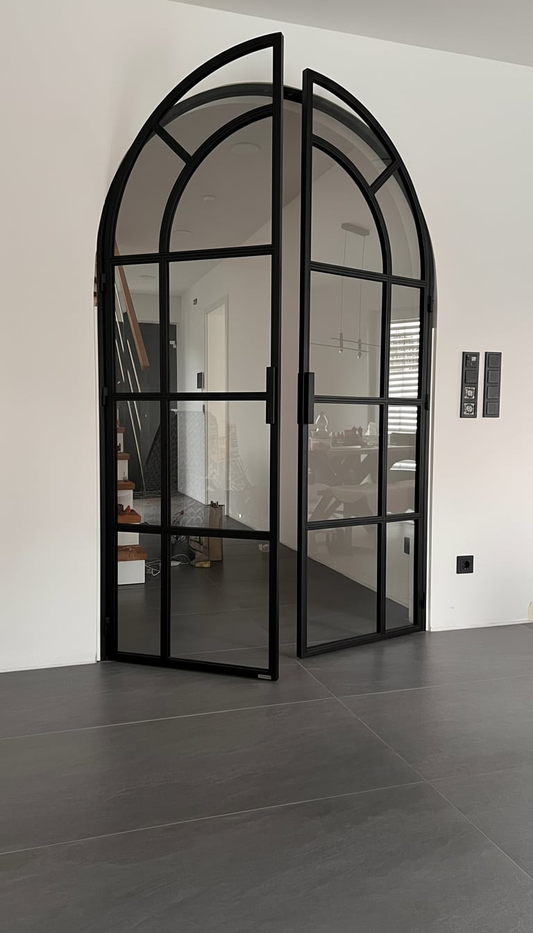 Seitliche Ansicht der Rundbogen-Drehtür mit geöffnetem Flügel