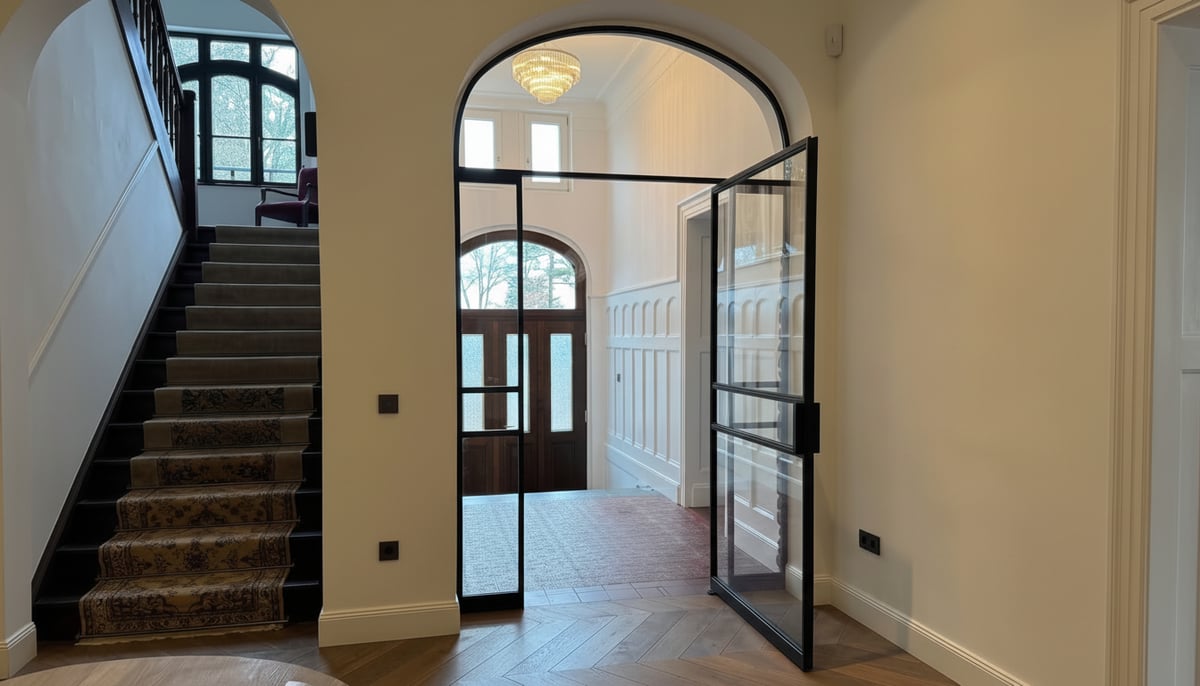Denkmalgeschützte Stadtvilla in Viersen-Süchteln – Korbbogen-Pivottür aus Stahl und Glas mit historischer Treppe und Eingangstür