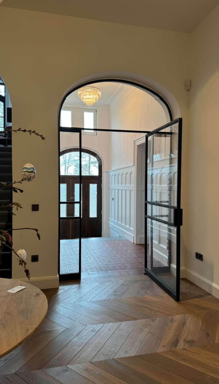 Geöffnete Stahl-Glas-Pivottür mit Korbbogen im Eingangsbereich einer denkmalgeschützten Stadtvilla