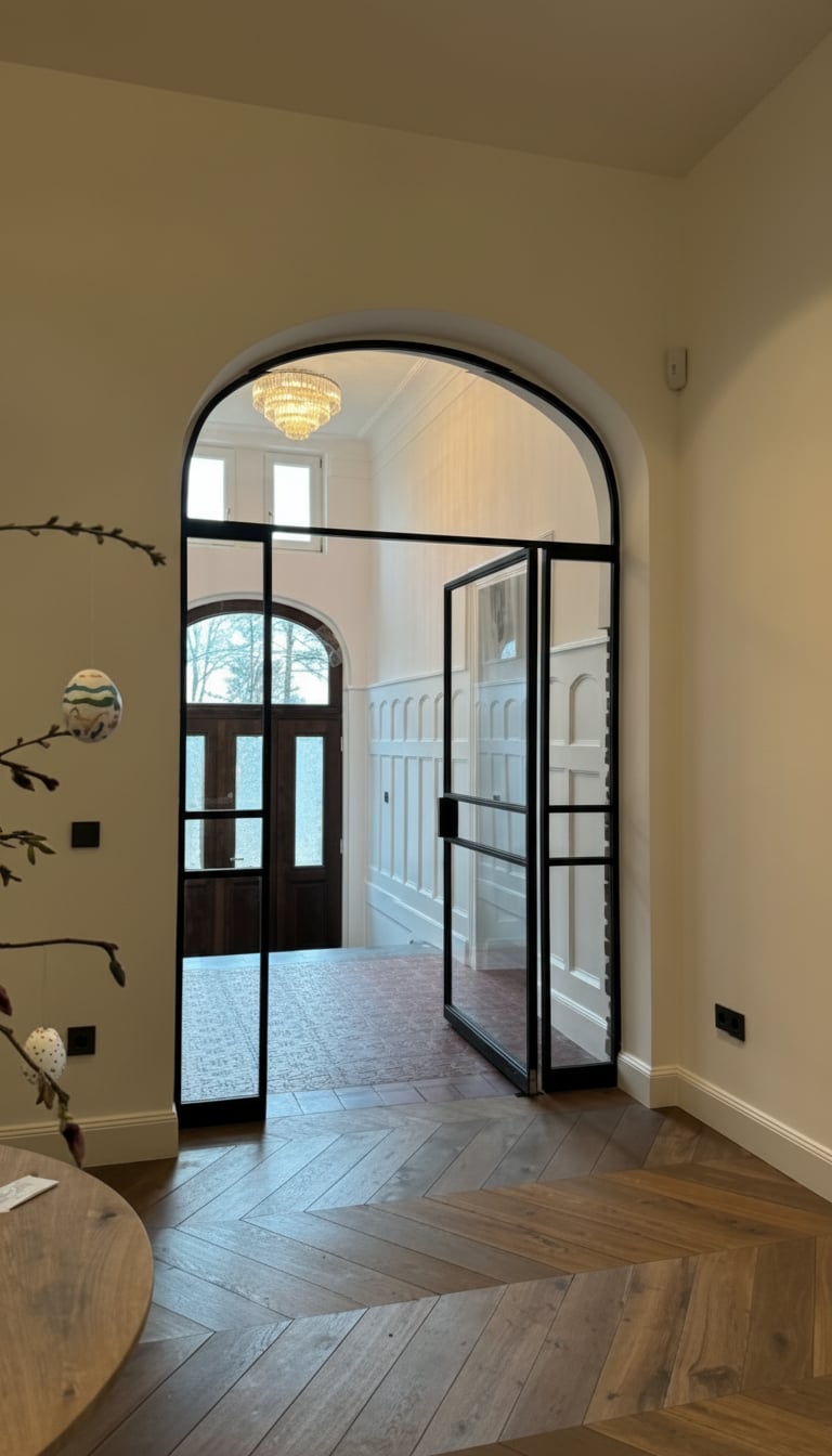 Stahl-Pivottür im Korbbogen mit Blick auf Fischgrät-Parkett und historische Wandvertäfelung