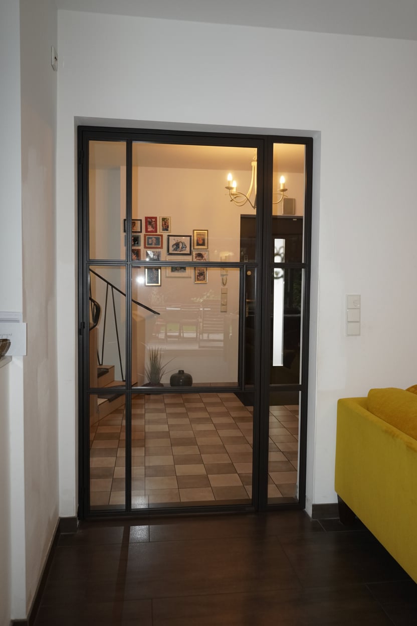 Stahl-Glas-Drehtür mit Seitenteil als Wohnzimmer-Abtrennung