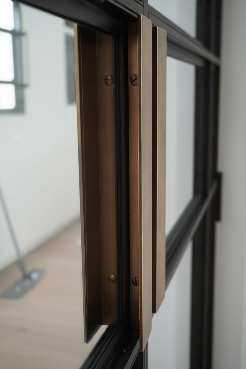 Handgefertigtes Messinggriff-Paar mit Schlitzschrauben an einer Stahl-Lofttür