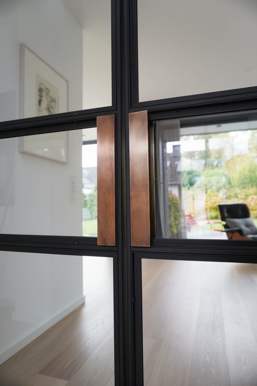 Messinggriffe im Detail an einer zweiflügeligen Stahl-Glas-Drehtür in Viersen-Süchteln