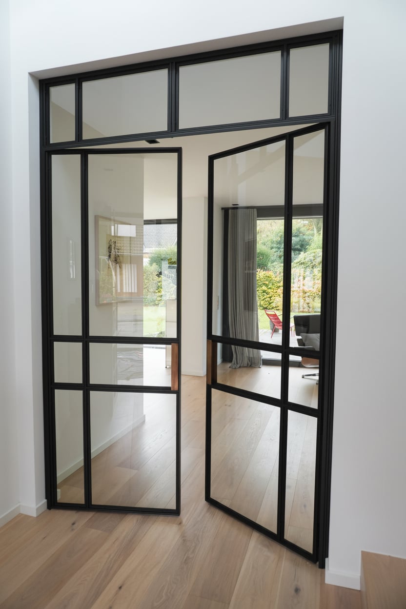 Geöffnete zweiflügelige Stahl-Glas-Drehtür mit Oberlicht und Blick in den Wohnbereich