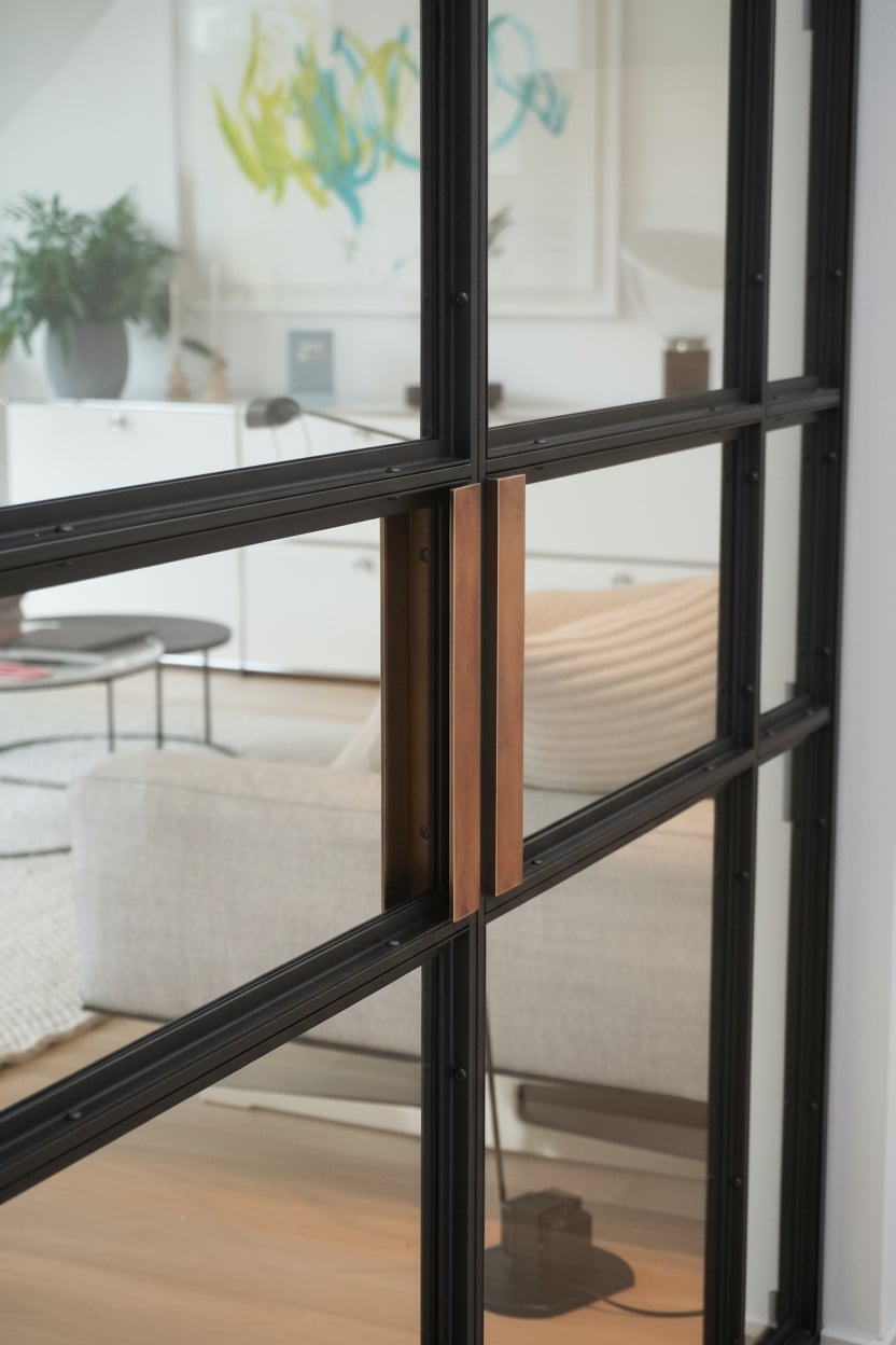 Stahl-Glas-Drehtür mit Messinggriffen und Blick auf den Wohnbereich einer Villa in Viersen