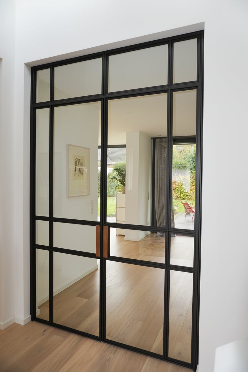 Zweiflügelige Stahl-Glas-Drehtür mit Oberlicht und Messinggriffen in einer Villa in Viersen-Süchteln