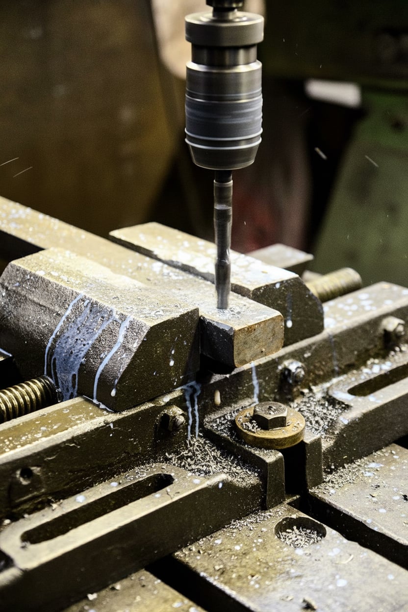 Präzisionsbohrung eines Stahlteils – handwerkliche Metallbearbeitung in der Werkstatt