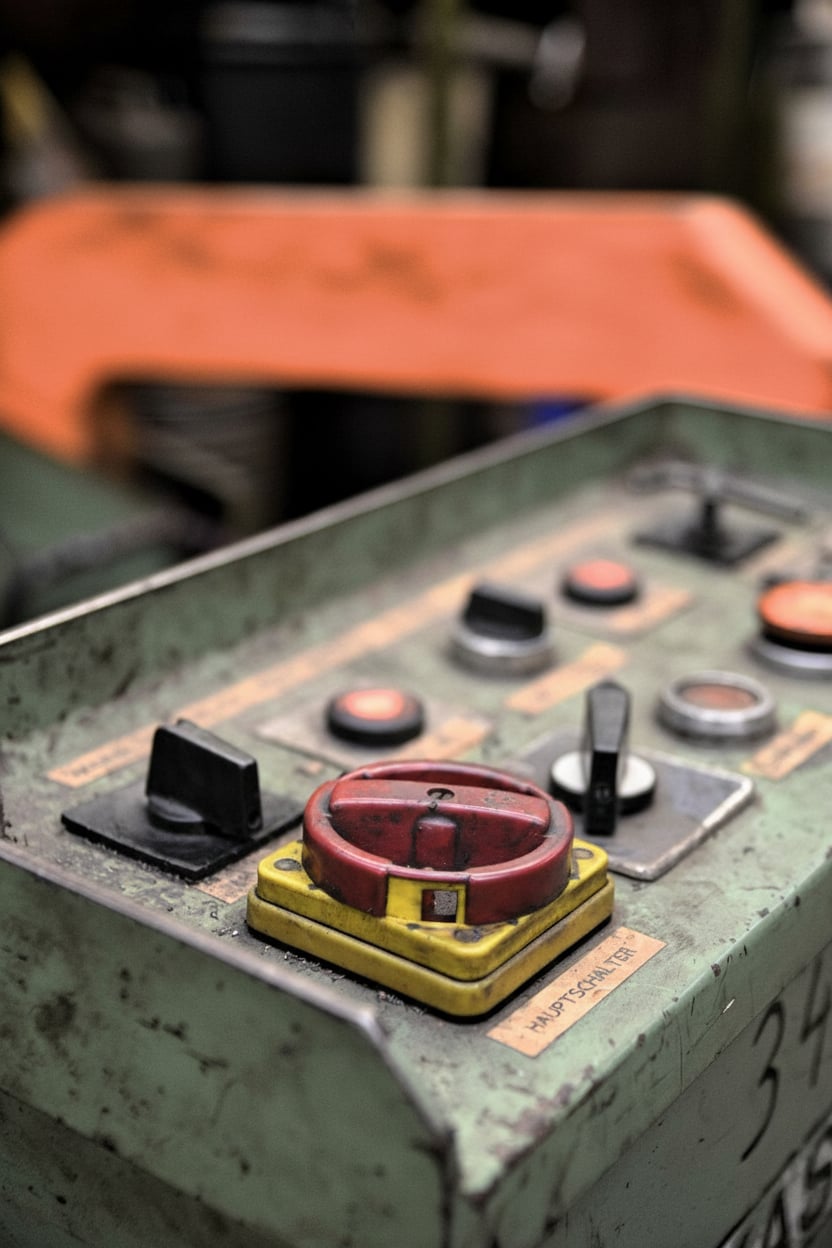 Hauptschalter einer Werkstattmaschine – Maschinensteuerung aus den 1980er Jahren