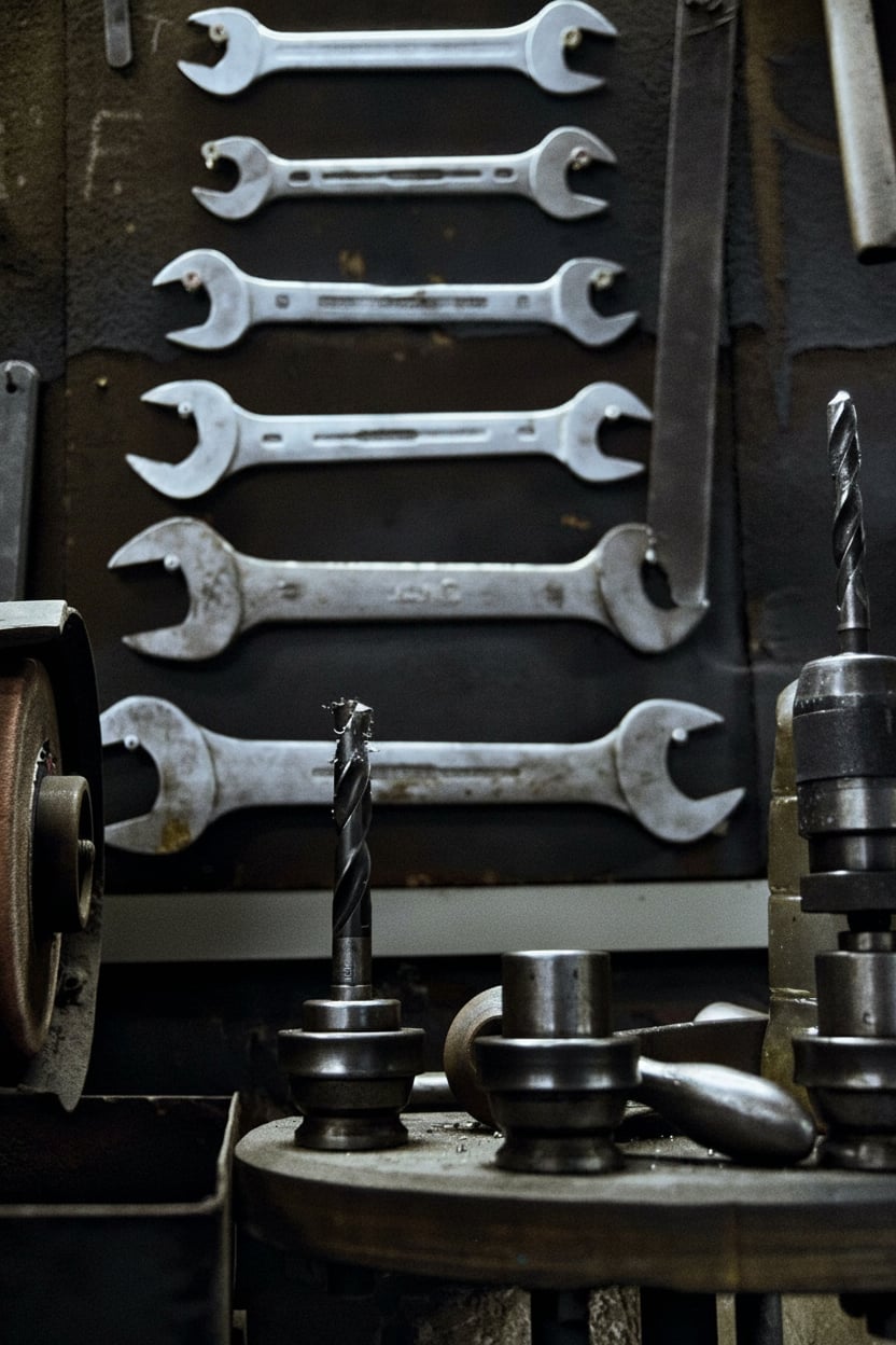 Werkzeugwand mit Maulschlüsseln und Bohrern – Werkstatt der Metallmanufaktur van de Weyer